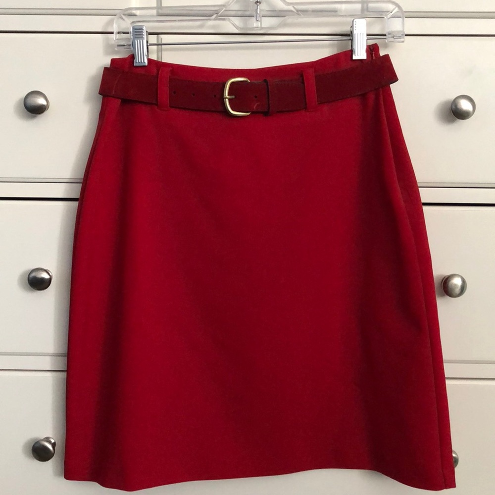 Requirements Petite Red Belted Pencil Skirt
